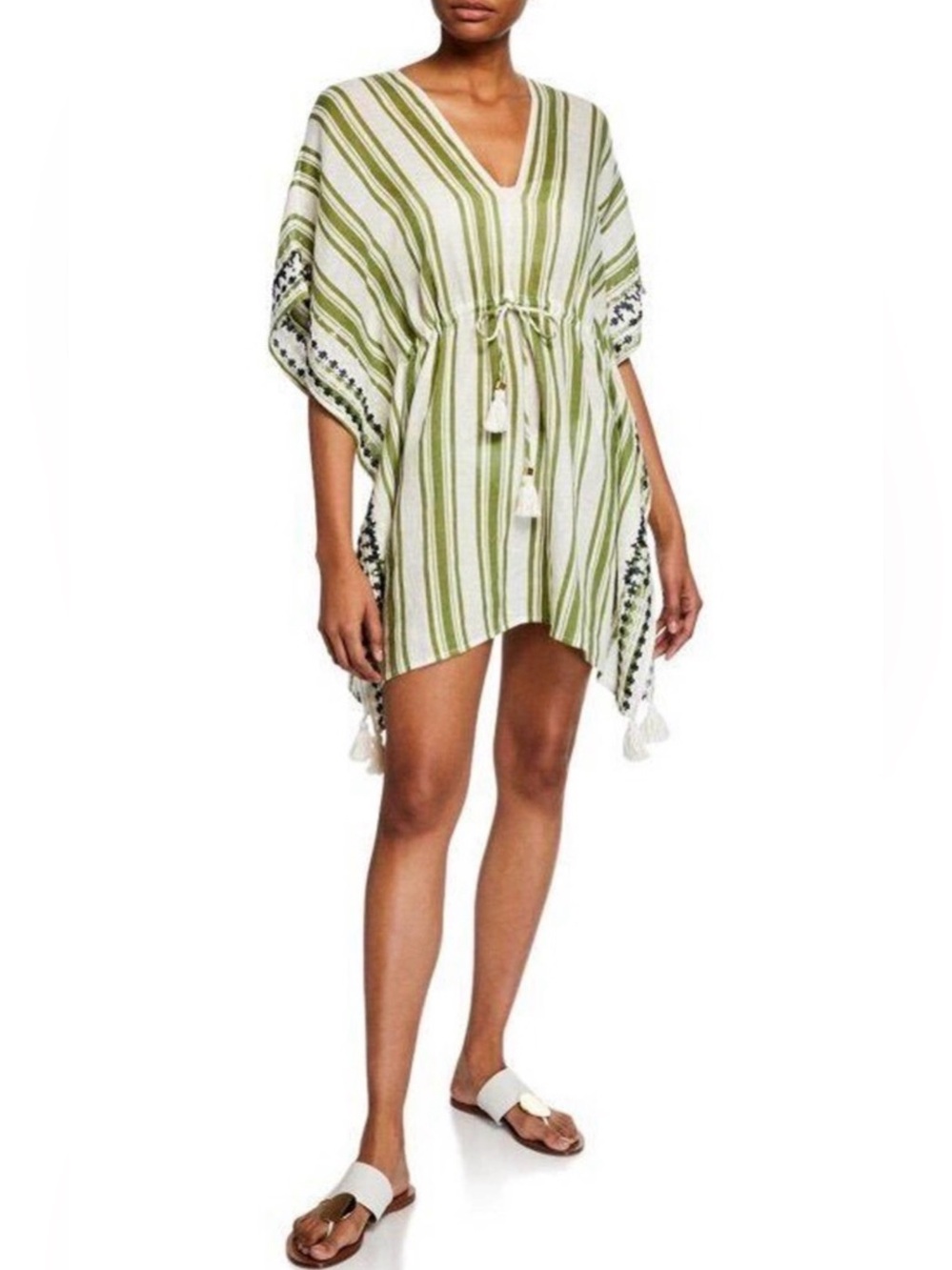 Tory Burch Ravena Linen Beach Caftan Coverup Bold Awning Stripe Green Navy XS/S
